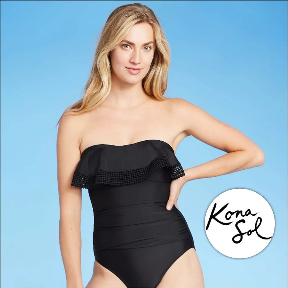 KONA SOL Crochet Flounce Classic One Piece Black Swimsuit NEW WITH TAG!